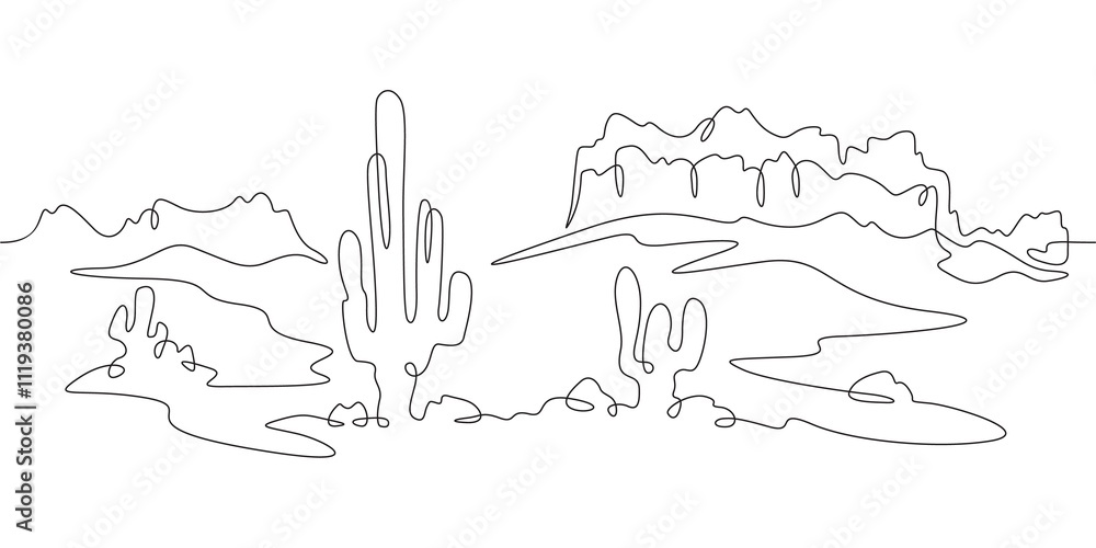 Poster continuous one line drawing cacti in the desert. desert rocky landscape. arizona. rocks and mountain