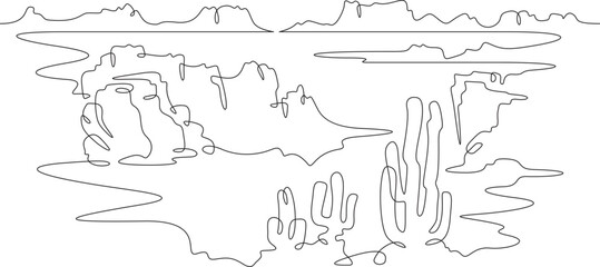 Continuous one line drawing cacti in the desert. Desert rocky landscape. Arizona. Rocks and mountains. One continuous line isolated minimal illustration.Not AI.