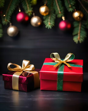 Celebrazione con doni, Feste di Natale e Anno nuovo, decorazioni, regali, albero di natale