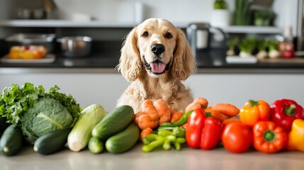 Playful Golden Retriever Surrounded by Fresh Fruits and Vegetables in Modern Kitchen Setting, Showcasing Healthy Food Choices and Pet Companionship