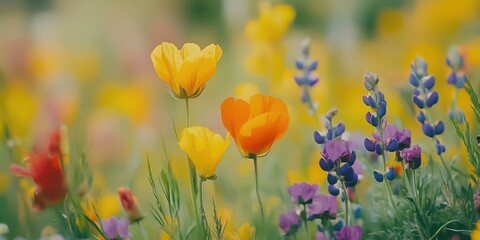 Fototapeta premium A close-up of wildflowers growing naturally in a meadow, with vibrant colors like yellow, purple, and orange.