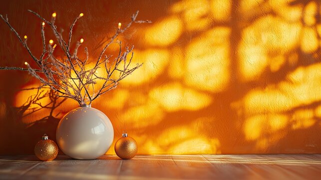 a chritsmas ornaments, and decorations with a vintage orange wall as background, use cozy lights