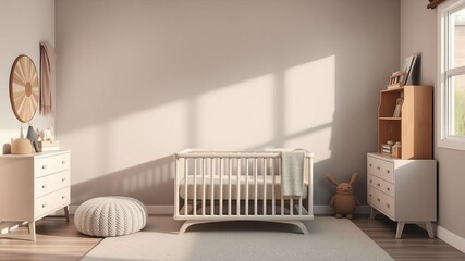 Modern baby room interior featuring a stylish crib with minimalist design and neutral color scheme, nursery, contemporary