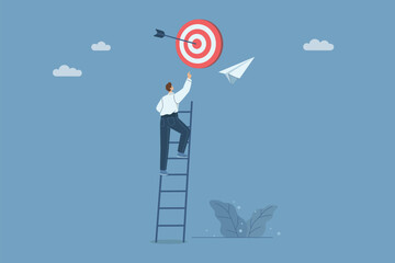 Ladder to success, Businessman climbs high ladder to reach goal, Inspiration and ambition to achieve success, Setting career success goals, Flat vector design illustration.