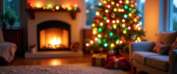 Bright Christmas Tree with Colorful Lights and Shiny Baubles in a Warm, Inviting Space.