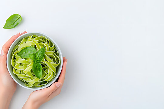 Top view tagliatelle green pasta with basil leaves on white plate with spinach isolated on white background