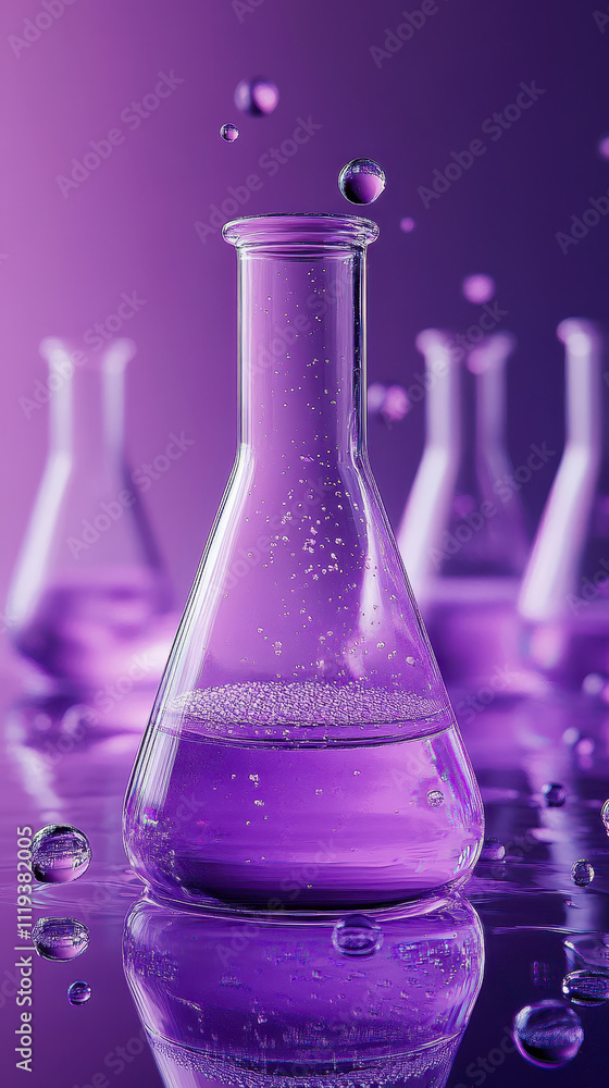 Poster vibrant purple liquid in laboratory flask with bubbling effect in science setting