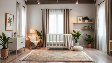 modern baby room interior with white crib and elegant rocking chair, plants, curtains