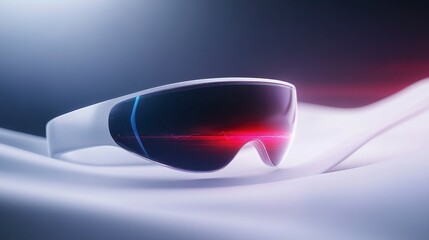 A futuristic pair of sunglasses resting on a smooth surface, illuminated by dramatic lighting that highlights its sleek design.