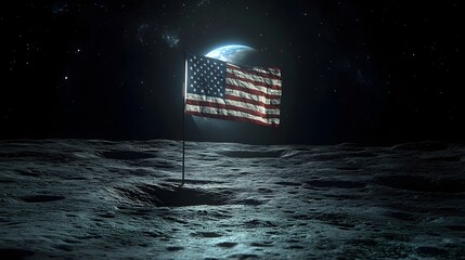 A flag is on a pole in the middle of a moonlit sky