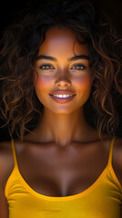 Fototapeta premium Confident Young Woman with Radiant Smile and Curly Hair in Yellow Shirt Exuding Positivity