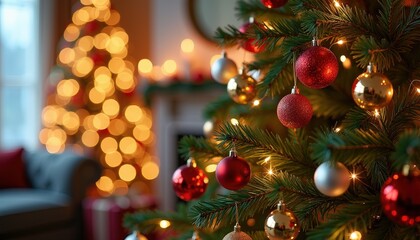 Elegant Christmas Tree Decorated with Sparkling Lights Colorful Ornaments and a Magical Holiday Atmosphere.