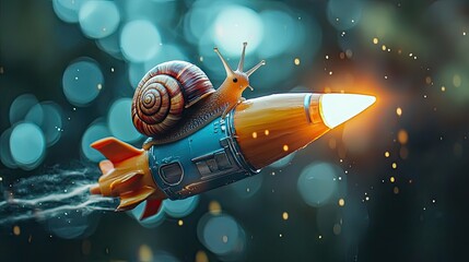 Obraz premium a photograph. a snail sits on a flying rocket and is super fast.