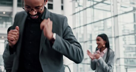 Dance, happy and celebration with business people at conference center for networking, support and success. Diversity, excited and connection expo with employees for fun, pride and achievement