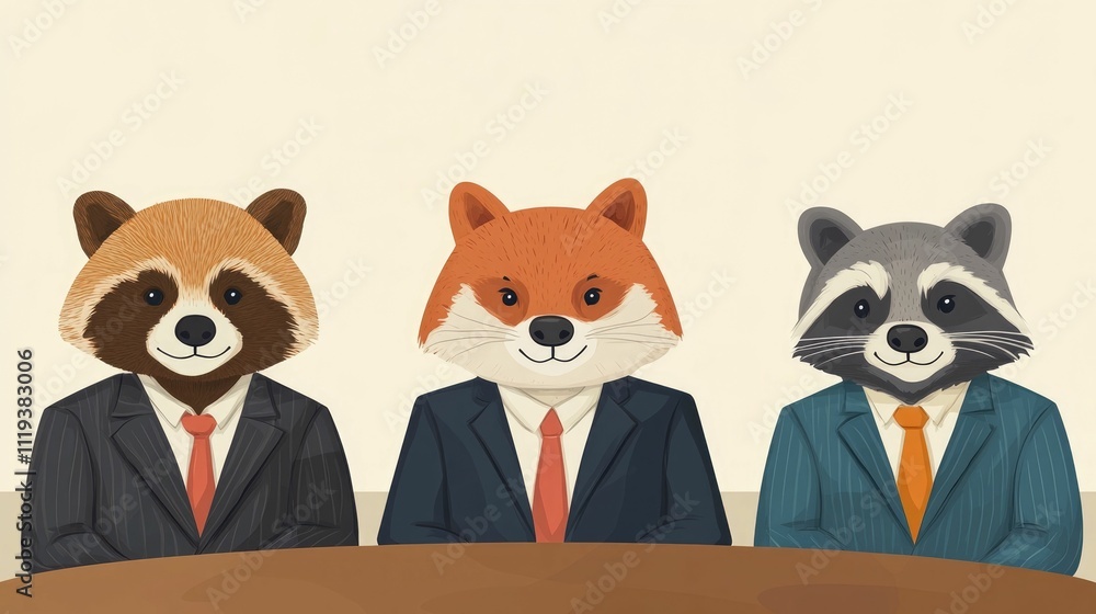 Aufkleber cartoon animated suit wearing animal characters brainstorming and discussing business strategies aro