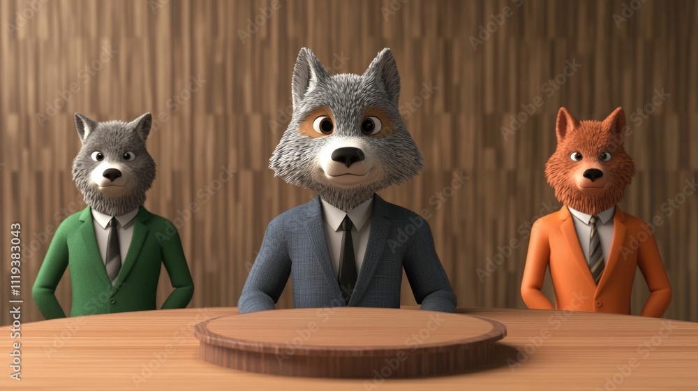Poster cartoon animated suit clad animals brainstorming around a circular table in a modern office setting 