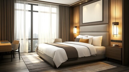 Minimalist and modern style bedroom with a comfortable bed near a glass window and curtains