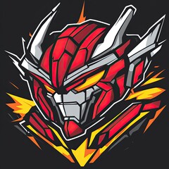 Fiery Red Mech Warrior Robot Head Graphic Design Illustration Artwork