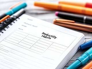 A detailed shot of a weekly planner titled "Productivity Habits" surrounded by colorful pens on a wooden desk, emphasizing organization, focus, and effective planning