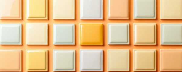 Fototapeta premium Horizontal top-down minimalistic flat lay composition of square ceramic tiles on light orange background