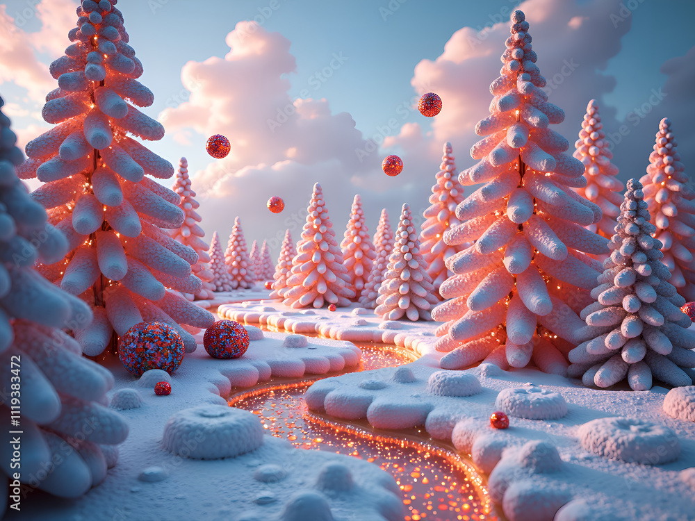 Wall mural enchanting winter landscape with glittering trees and a sparkling stream at dusk, 3d rendering of fa