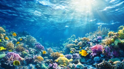 Fototapeta premium Beneath the surface lies a captivating underwater landscape, filled with vibrant coral formations and schools of tropical fish gliding gracefully