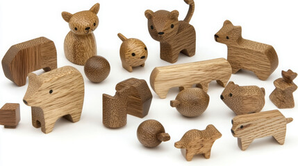 collection of animal shaped wooden toys, featuring various designs and sizes, showcasing natural wood textures and playful forms. Perfect for imaginative play