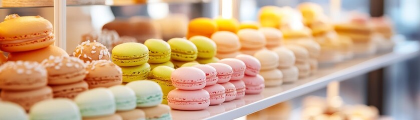 Fototapeta premium A colorful display of assorted macarons arranged neatly on shelves, showcasing their vibrant pastel hues and appealing textures.