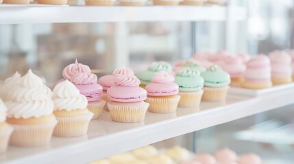 A display of colorful cupcakes in pastel shades, arranged neatly on a shelf, inviting a sweet treat experience.