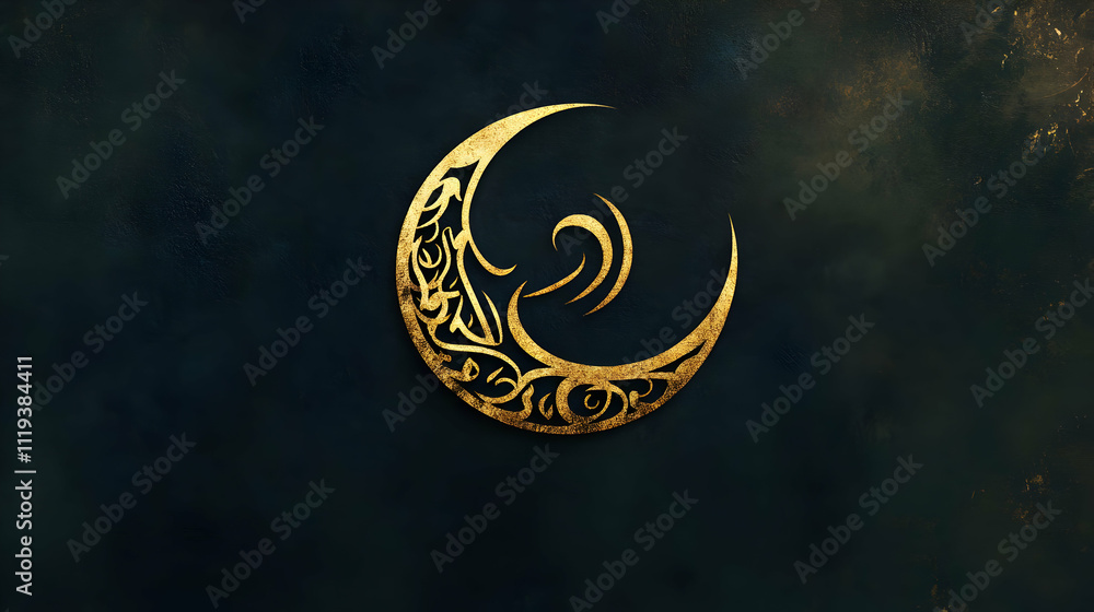 Poster a stylized crescent moon design with intricate patterns on a dark background.