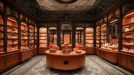 A large room with many shelves and a round table
