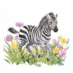 Playful watercolor of a baby zebra trotting through a lush  vibrant jungle landscape filled with tall grass and bright  blooming flowers  The whimsical  style creates a serene and enchanting scene