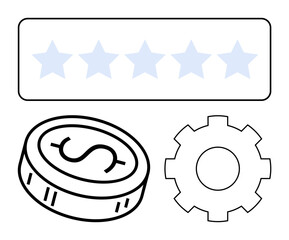 Five-star rating bar, dollar coin, and gear icon. Ideal for business reviews, financial services, customer satisfaction, quality assurance, service performance productivity management themes. Line