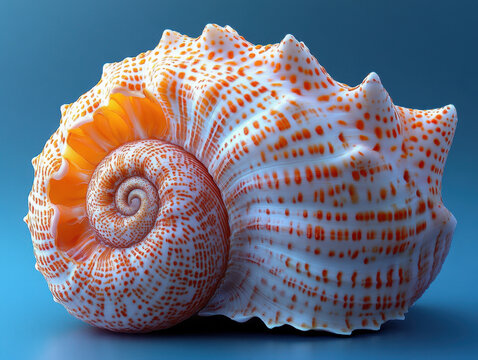 Beautiful spiral sea snail shell with vibrant orange and white patterns, showcasing intricate details against blue background, evoking sense of oceanic tranquility