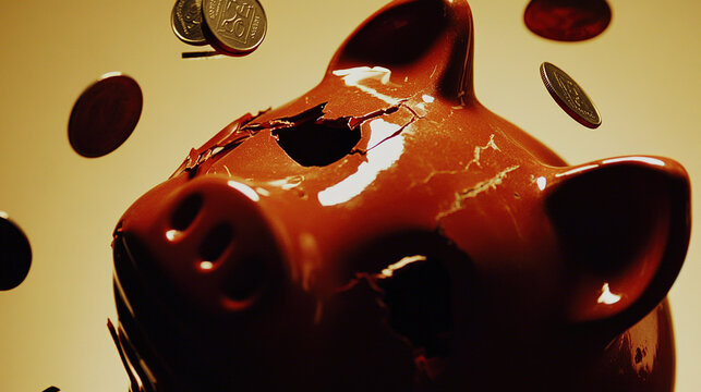 Broken piggy bank with coins scattered around, symbolizing financial struggle and the need for careful budgeting and saving.