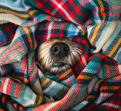 Close up of dog's furry nose poking through colorful plaid fall scarf.