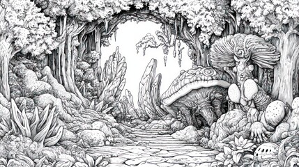 Enchanted Forest Path: A Monochromatic Fantasy Landscape