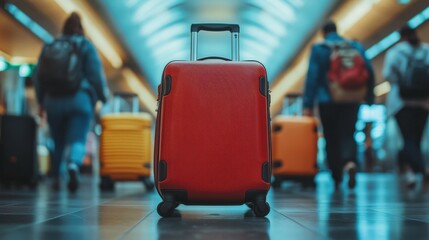 Luggage rolling down a busy airport terminal, with travelers in motion around it.