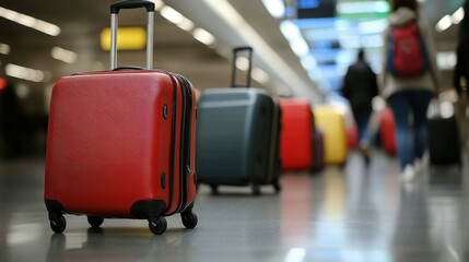 Luggage rolling down a busy airport terminal, with travelers in motion around it.