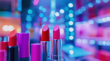 Close up of colorful lipsticks in beauty store, showcasing vibrant shades and glossy finishes that attract attention and enhance beauty