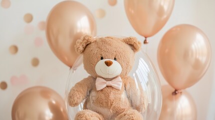  cute teddy bear in a transparent bubble surrounded by rose gold balloons for a celebration 