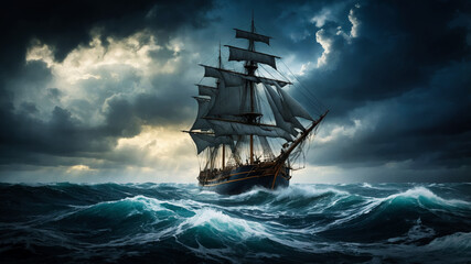 Fototapeta premium Atmospheric composition depicting a large sailing ship navigating through a turbulent sea