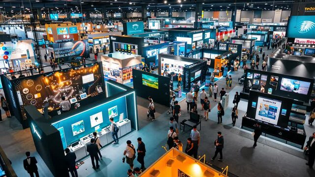A bustling tech expo showcasing cutting-edge innovations and digital displays.