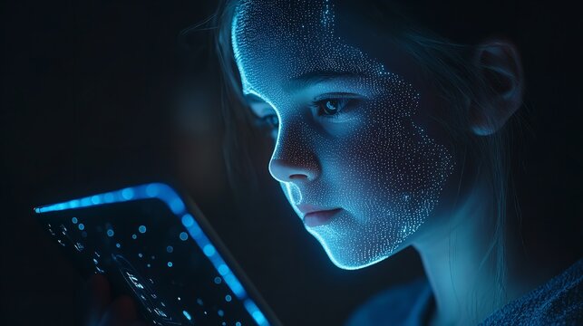 Woman interacting with futuristic digital interface in blue lighting