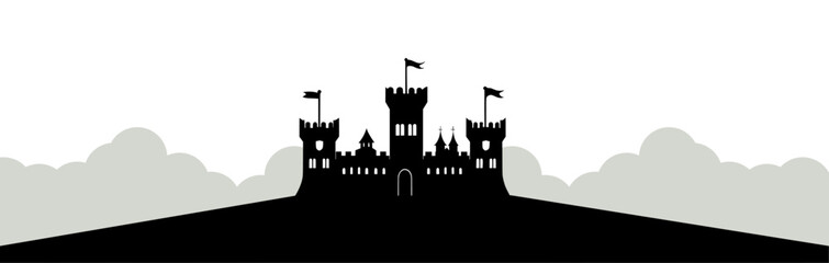 A silhouette of a castle with flags against a light background, evoking fantasy and adventure.
