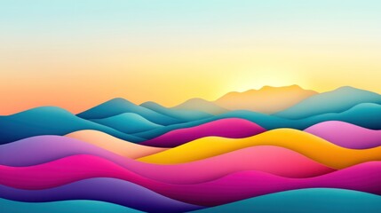 Abstract landscape with colorful waves and a sunrise in the background 