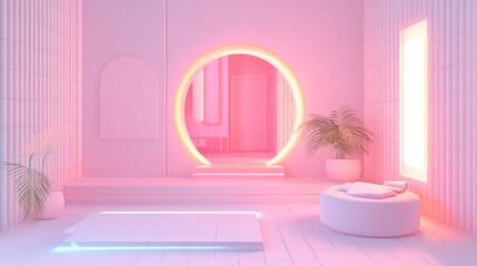  serene pastel room featuring a circular mirror, plants, and soft lighting 