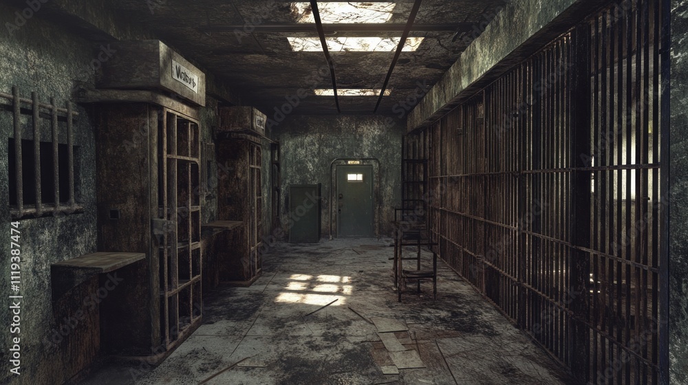 Poster flickering shadows dance along grime-covered walls as sun rays pierce through barred windows, illumi