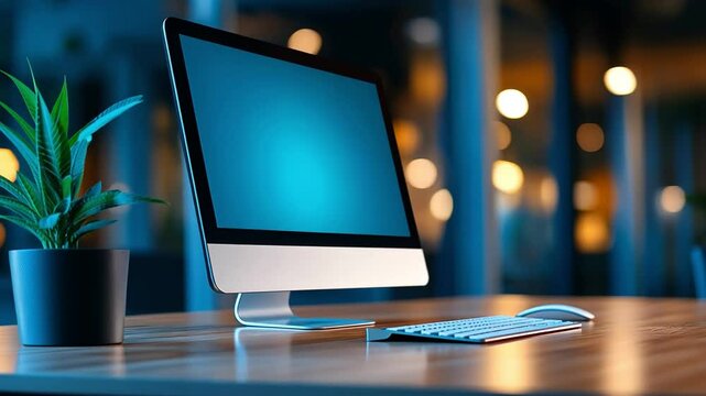 Modern desktop computer setup with a sleek monitor and keyboard in a softly lit environment.