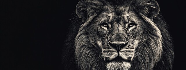 Striking black and white lion with fierce face on black background